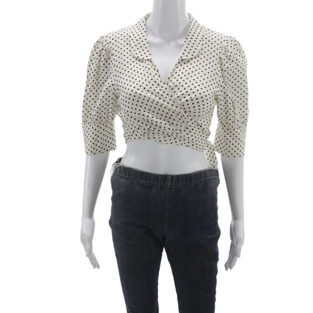 L'Academie Women Cropped Polka Dot Collared Tie 3/4 Sleeve Blouse Size S